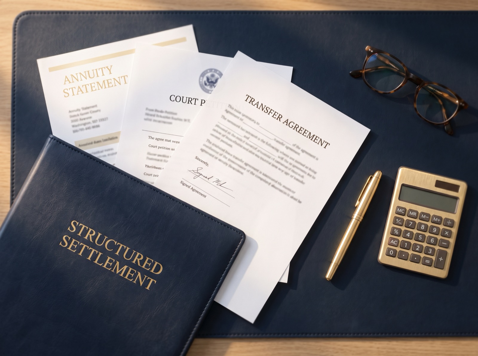 Settlement documents and data tables laid out flat