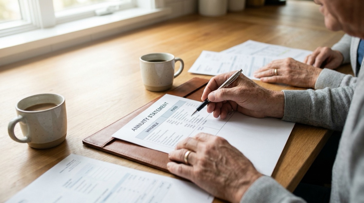 variable vs fixed annuity - reviewing an annuity statement at home