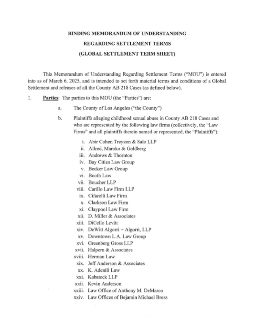 First page of the LA County Master Settlement Agreement term sheet for the 4 billion dollar sexual abuse settlement, signed March 6, 2025