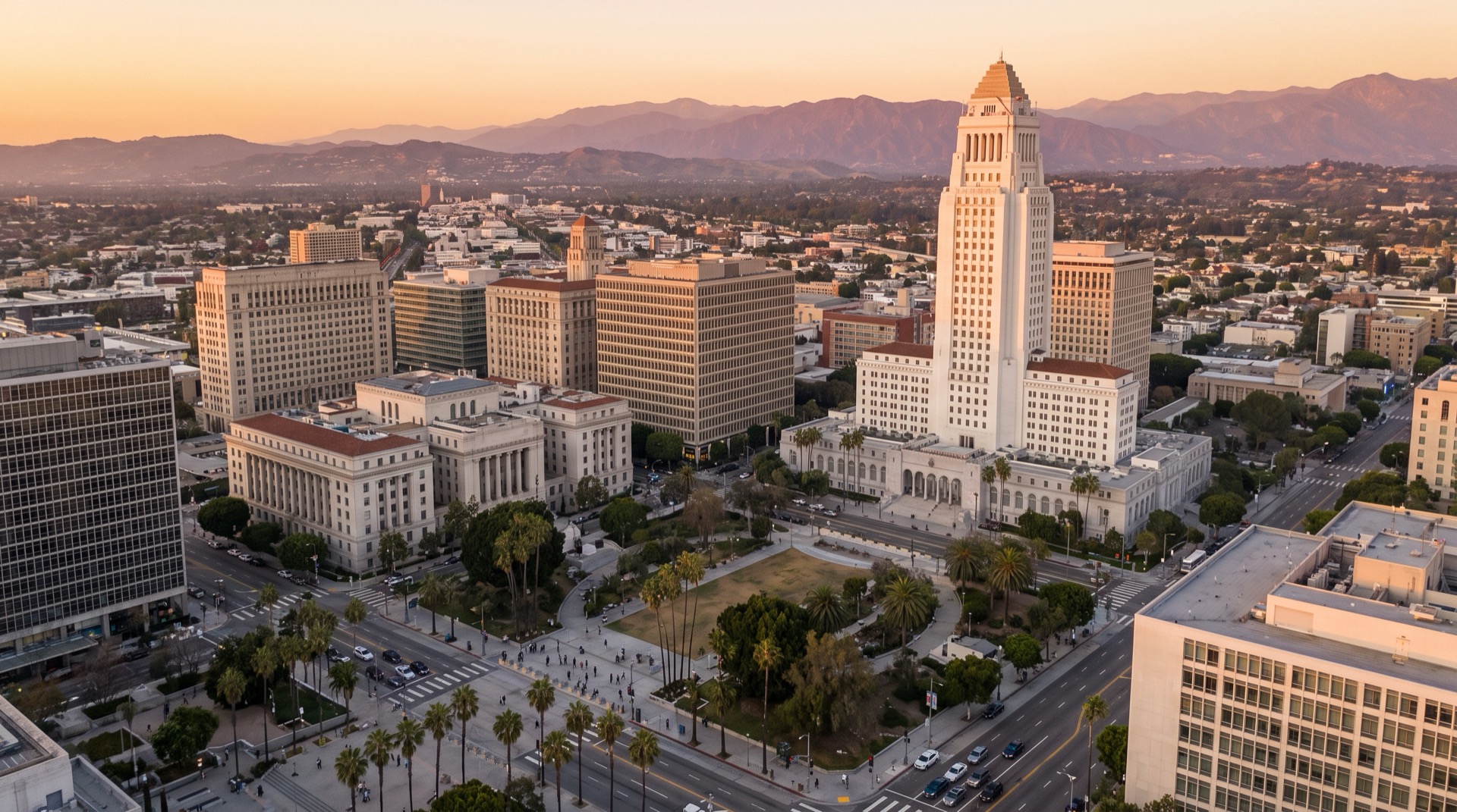 Aerial view of Los Angeles City Hall and the downtown civic center